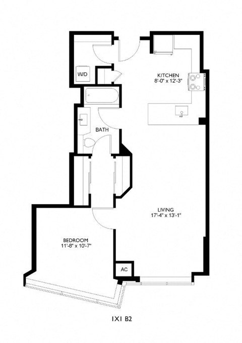 Floor plan for 1 bed, 1 bath, 774 sqft